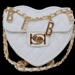 bebe White Quilted Heart Mini Bag with Gold Chain